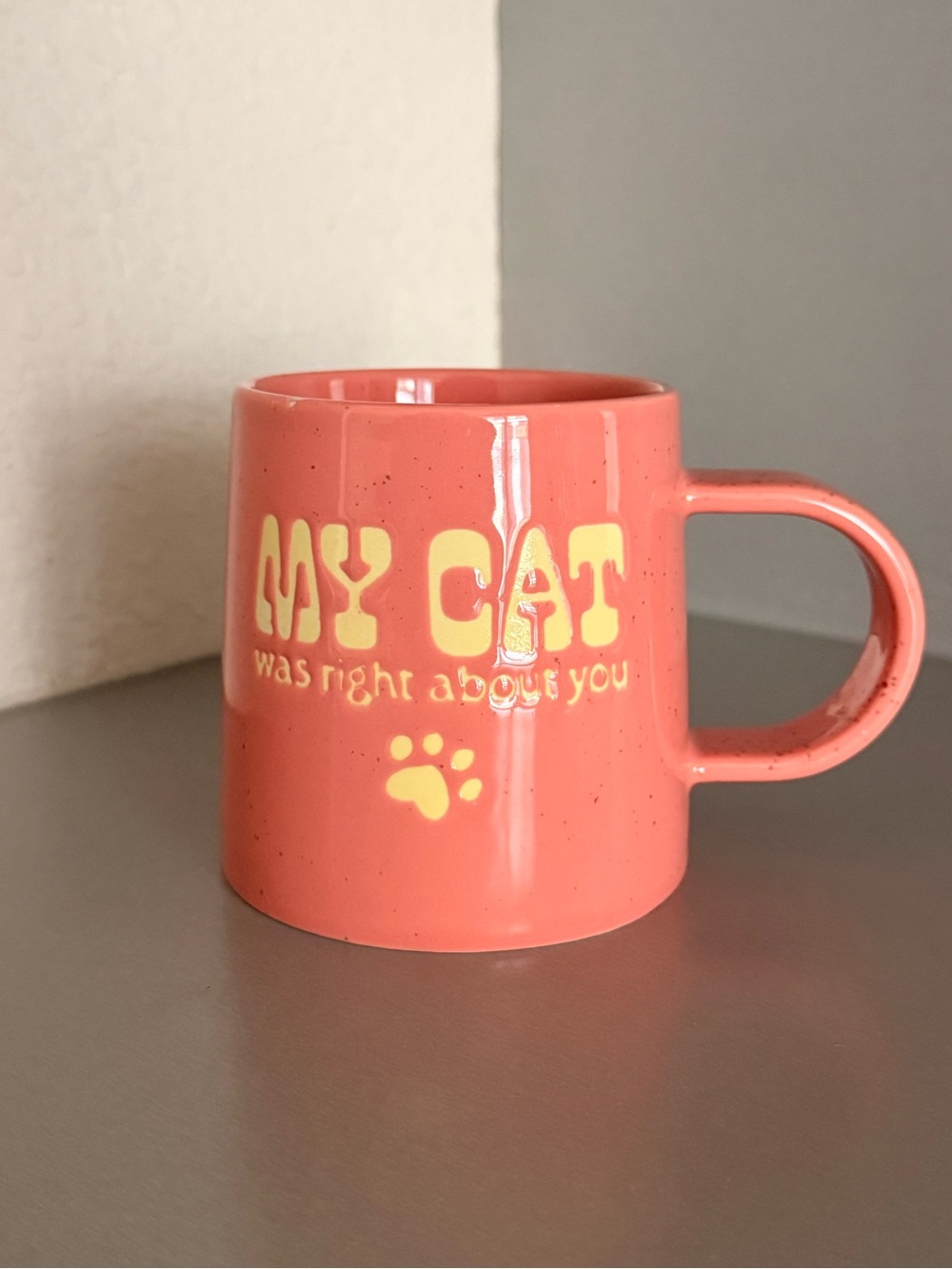 Room Essentials Coral Cat Mug with Yellow Text